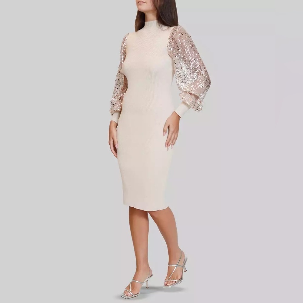 Chic Long Sleeve Cream Dress with Sequin Accents